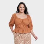 Women's Plus Size Puff Elbow Sleeve Linen Shirt - A New Day Brown