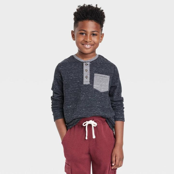 Boys' Long Sleeve Double Knit Henley T-shirt - Cat & Jack Black