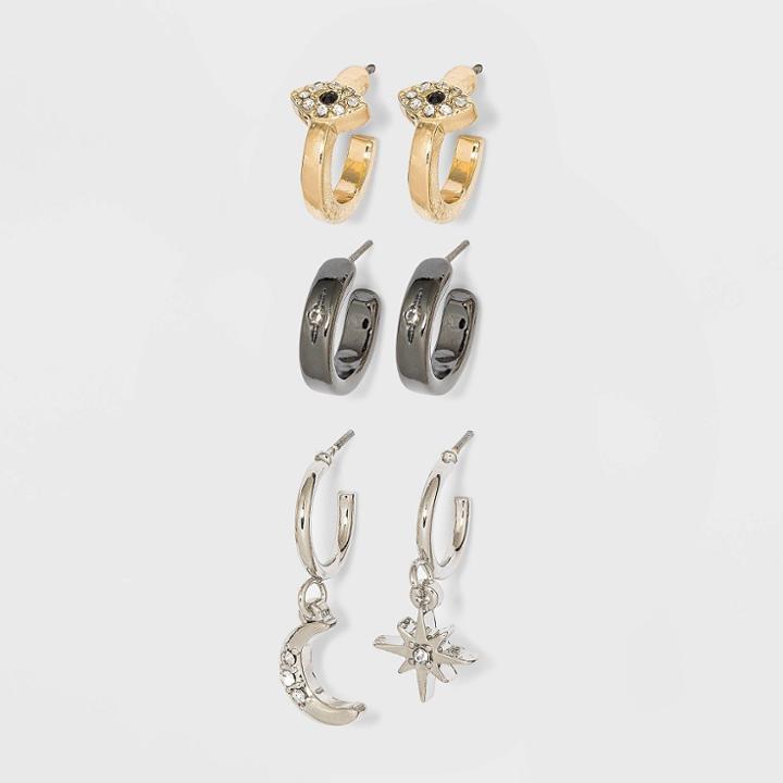 Multi Evil Eye Moon And Starburst Huggie Hoop Earring Set 3pc - Wild Fable , Grey/gold/grey