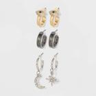 Multi Evil Eye Moon And Starburst Huggie Hoop Earring Set 3pc - Wild Fable , Grey/gold/grey