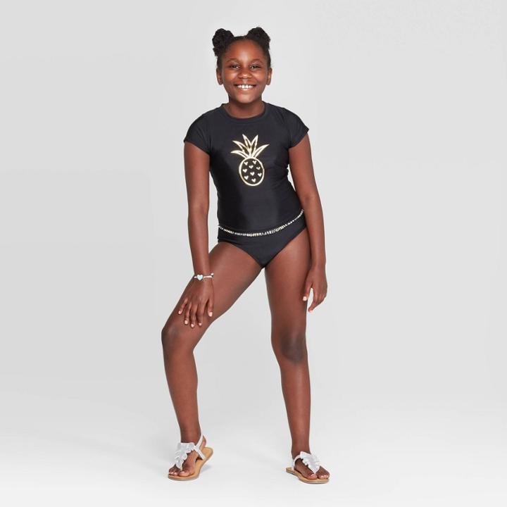 Girls' Pineapple Shine 3pc Bikini And Rash Guard Set - Cat & Jack Black S, Girl's,
