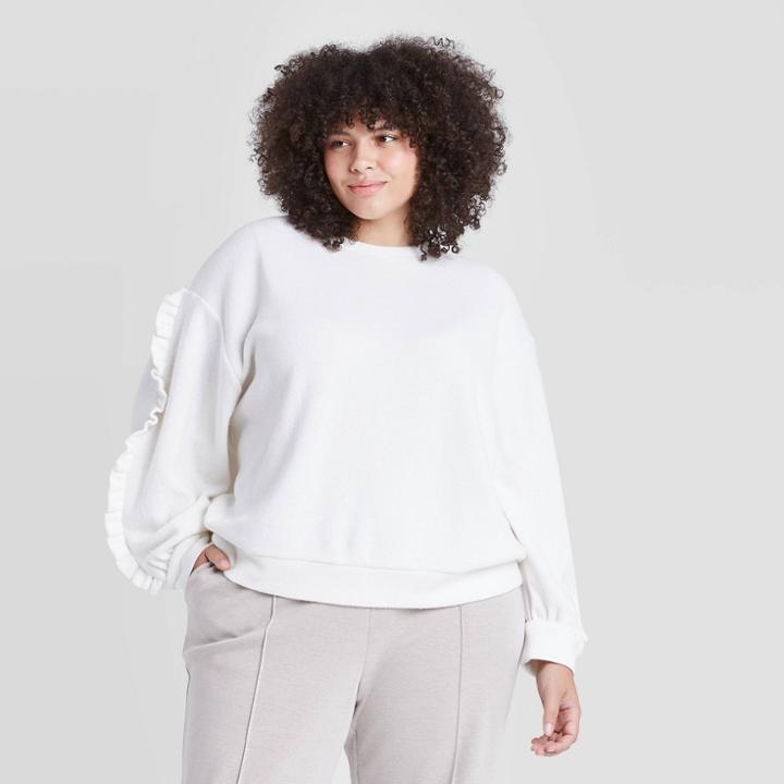 Women's Plus Size Ruffle Sleeve Sweatshirt - A New Day Cream