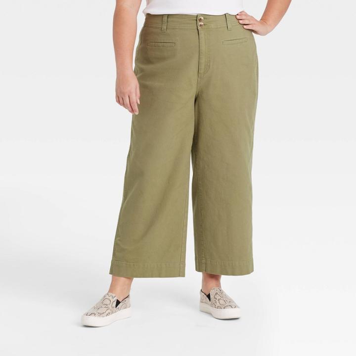 Women's Plus Size Cropped Wide Leg Fashion Pants - A New Day Olive Green
