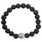 Men's West Coast Jewelry Stainless Steel Polished Buddha And Black Lava Stone Beaded Bracelet, Black/silver