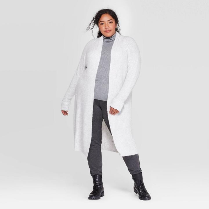 Women's Plus Size Brushed Rib Long Sleeve Cardigan - Ava & Viv Light Gray Heather