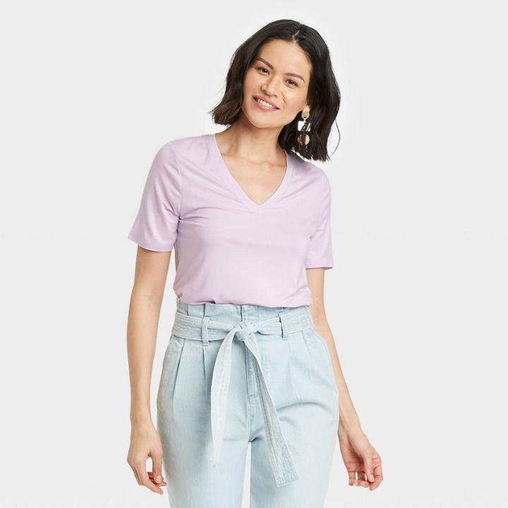 Women's Short Sleeve V-neck Drapey T-shirt - A New Day Light Purple