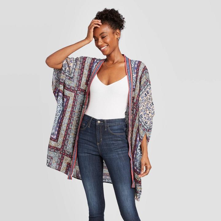 Women's Floral Print Long Sleeve Kimono Jacket - Knox Rose Blue Xs/s, Women's,