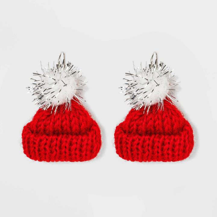 No Brand Holiday Novelty Red Knit Hat Statement Earrings - Berry Red