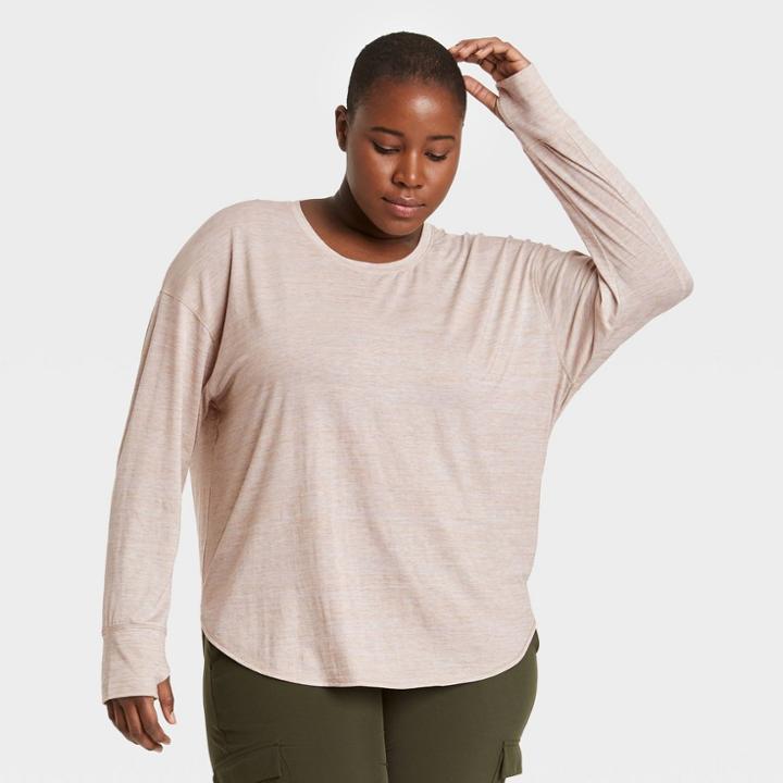 Women's Plus Size Drop Shoulder Long Sleeve T-shirt - All In Motion Heather Oatmeal 2x, Grey Oatmeal