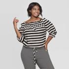 Women's Plus Size Striped 3/4 Sleeve Off The Shoulder Bardot Top - Who What Wear Black/white