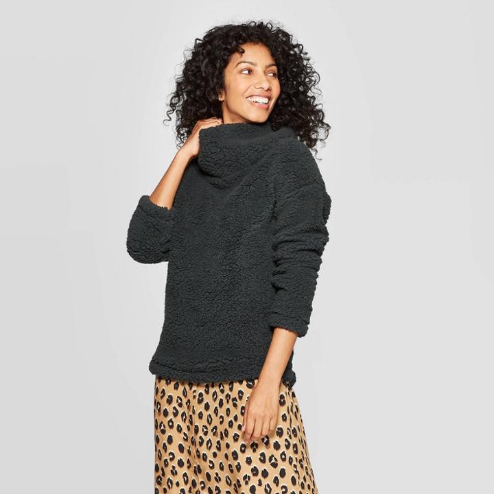 Women's Any Day Long Sleeve Turtleneck Sherpa Pullover - A New Day Green