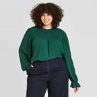 Women's Plus Size Long Sleeve Smocked Blouse - A New Day Green