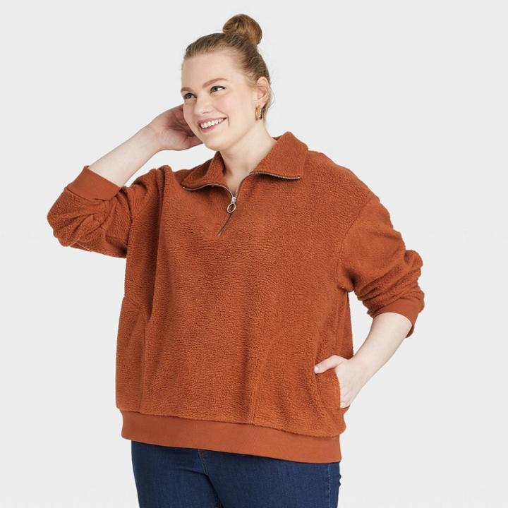 Women's Plus Size Sherpa Quarter Zip Pullover Sweatshirt - Ava & Viv Rust