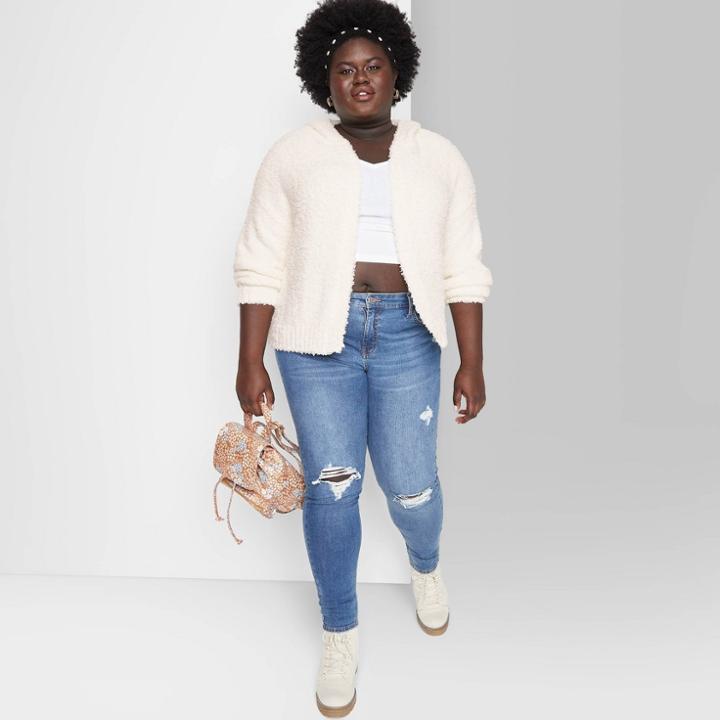 Women's Plus Size Fuzzy Open Hooded Cardigan - Wild Fable Almond
