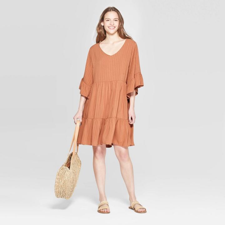 Target Women's Flutter Short Sleeve V-neck Mini Tiered Baby Doll Dress - Universal Thread Brown