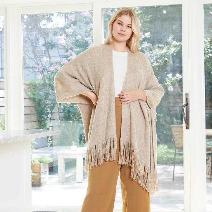 Women's Plus Knit Cape Ruana - A New Day Camel