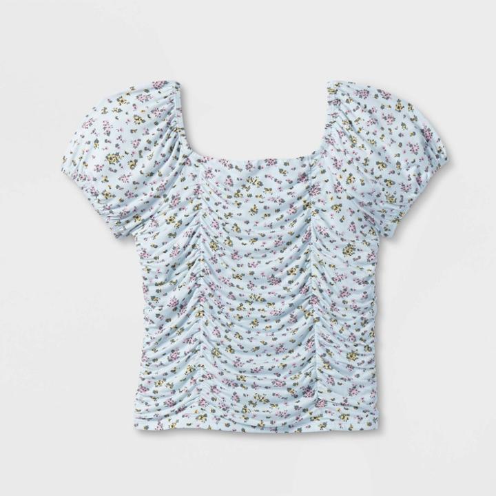 Girls' Floral Puff Sleeve Top - Art Class Blue