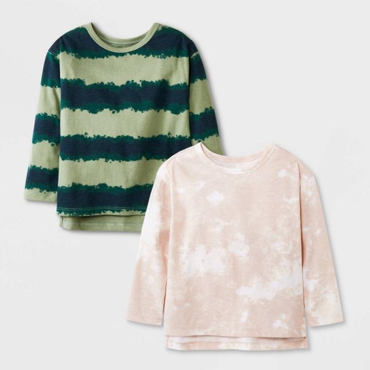 Toddler Boys' 2pk Long Sleeve Tie-dye Jersey Knit Crewneck T-shirt - Cat & Jack Olive Green