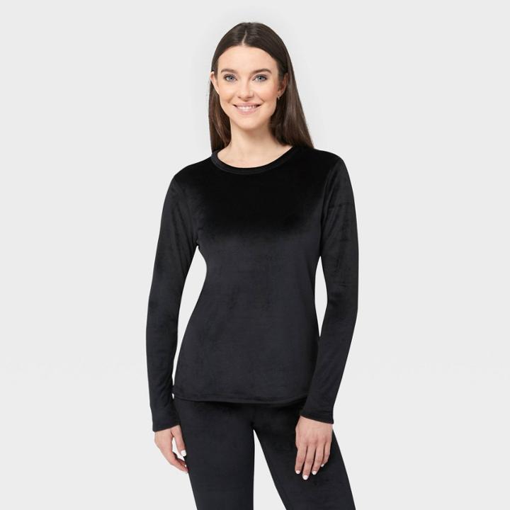 Wander By Hottotties Women's Velour Thermal Crewneck Sweatshirt - Black