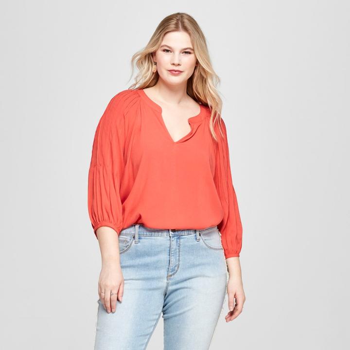 Women's Plus Size Pleated 3/4 Sleeve Blouse - Ava & Viv Orange X, Pink