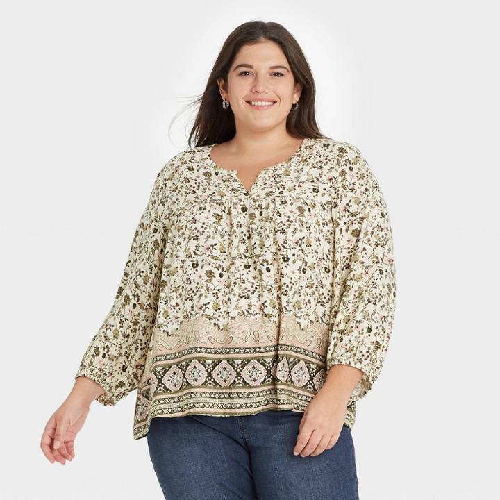 Women's Plus Size Floral Print 3/4 Sleeve Top - Knox Rose Ivory