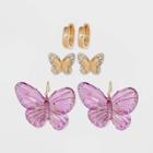 Butterfly Cubic Zirconia Hoop Earring Set 3pc - Wild Fable Gold/purple