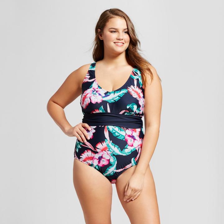 Surfside Women's Plus Size Tropical One Piece - Navy Tropical