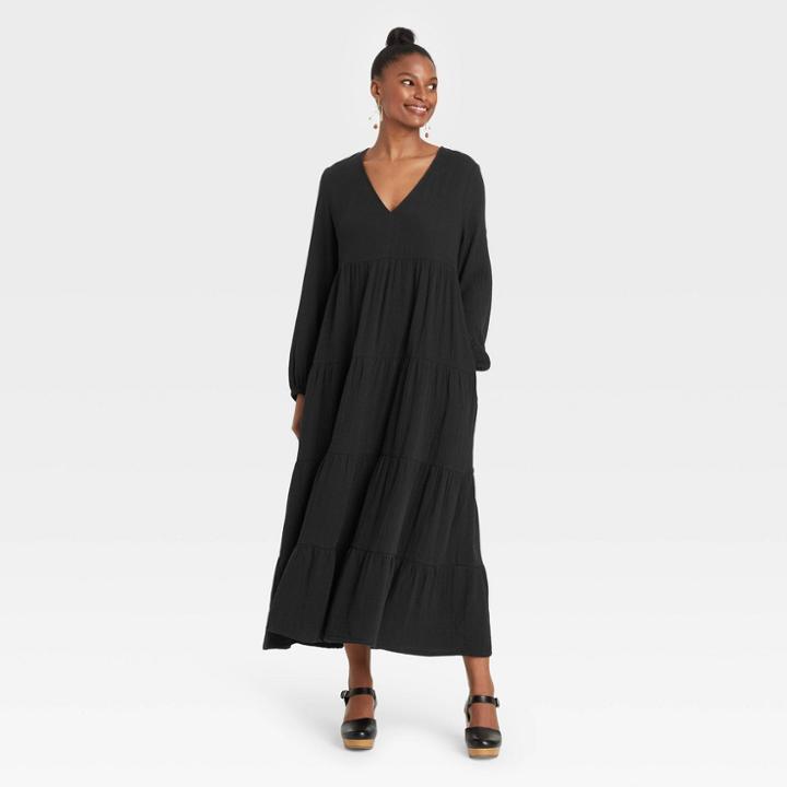 Women's Balloon Long Sleeve Tiered Dress - Universal Thread Black