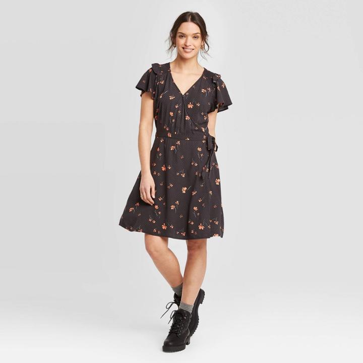Women's Floral Print Short Sleeve Rufflewrap Dress - Universal Thread Blue