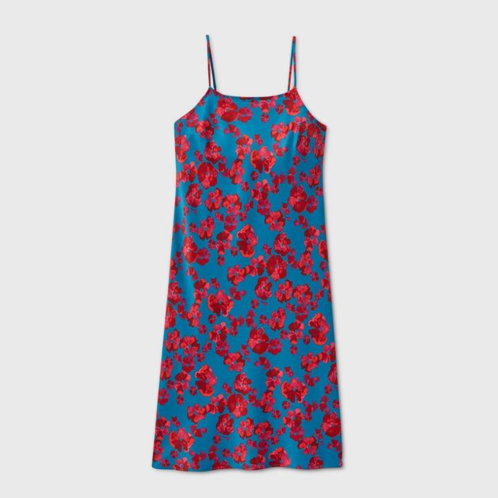 Women's Floral Print Satin Slip Dress - A New Day Blue