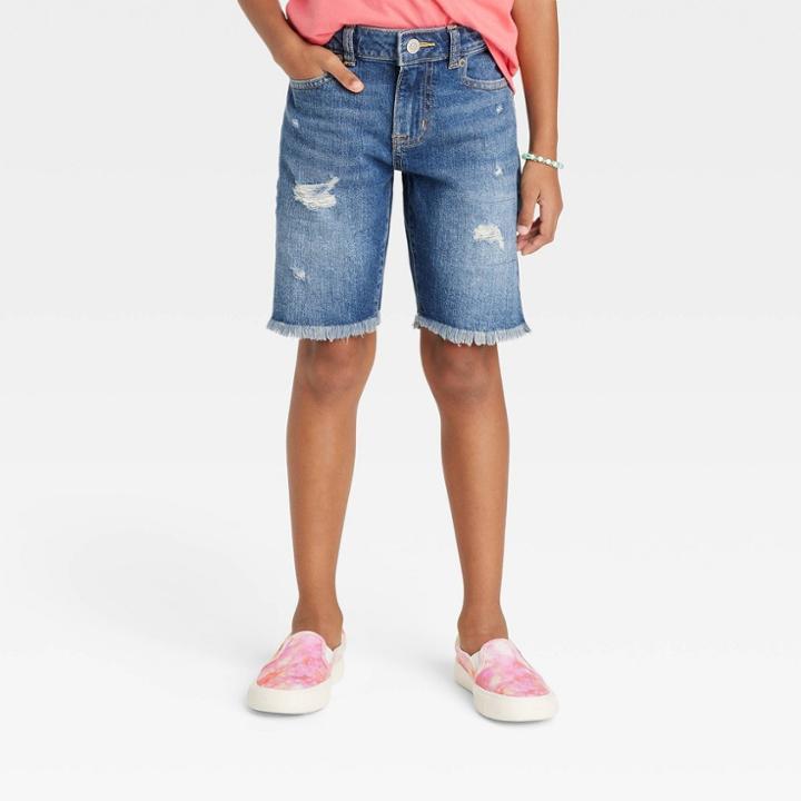 Girls' Destructed Relaxed Bermuda Jean Shorts - Cat & Jack Dark Wash