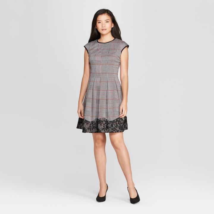 Women's Menswear Plaid Lace Trim Fit And Flare Dress - Melonie T - Black/red