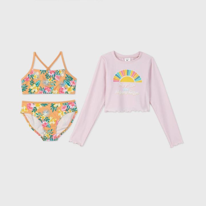 Girls' Long Sleeve Happy Days 3pc Rash Guard Swim Suit Set - Art Class