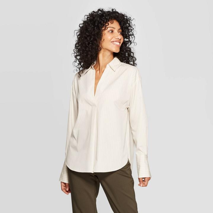 Women's Striped Long Sleeve Collared Woven Top - A New Day Gray