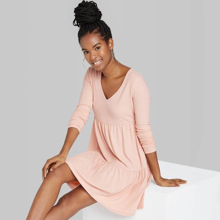 Women's Long Sleeve Brushed Rib-knit Tiered Dress - Wild Fable Blush Pink