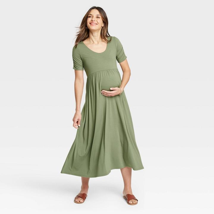 The Nines By Hatch Shirred Short Sleeve Jersey Maternity Dress Olive Green