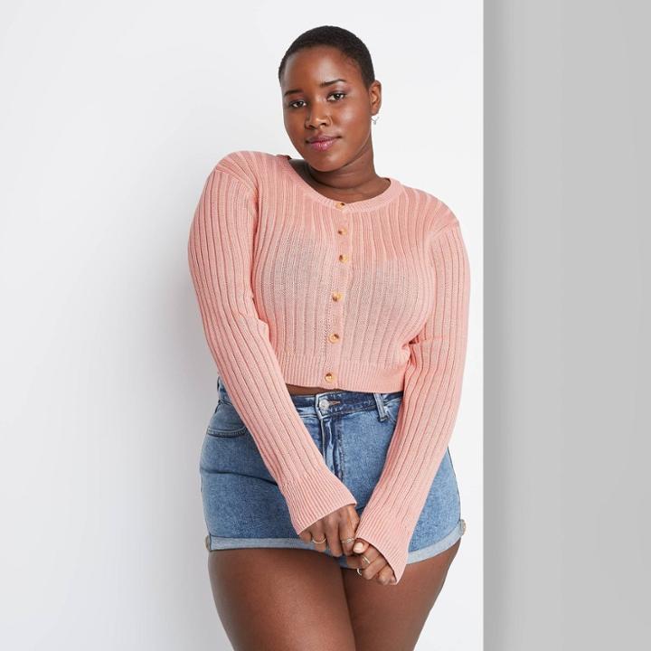 Women's Plus Size Button-front Cropped Rib-knit Cardigan - Wild Fable Blush Pink