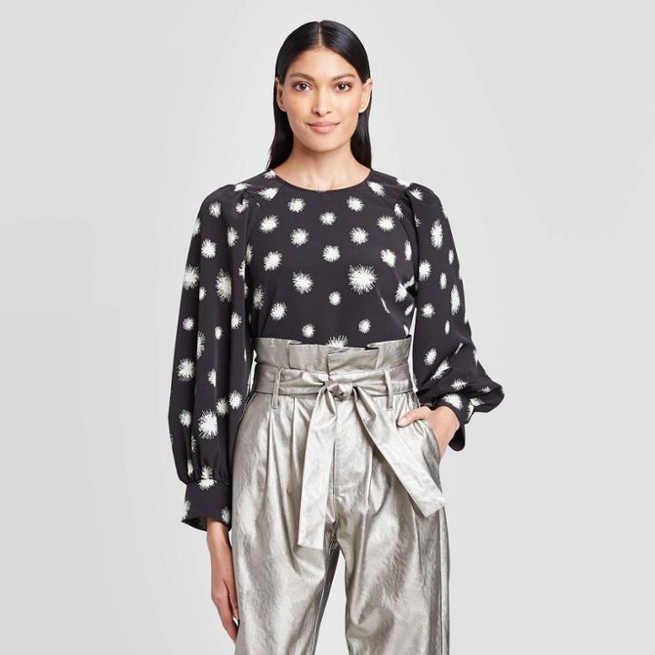 Women's Floral Print Balloon Long Sleeve Boat Neck Blouse - Who What Wear Black