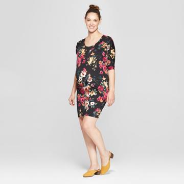 Maternity Floral Print Batwing Dress - Expected By Lilac - Black