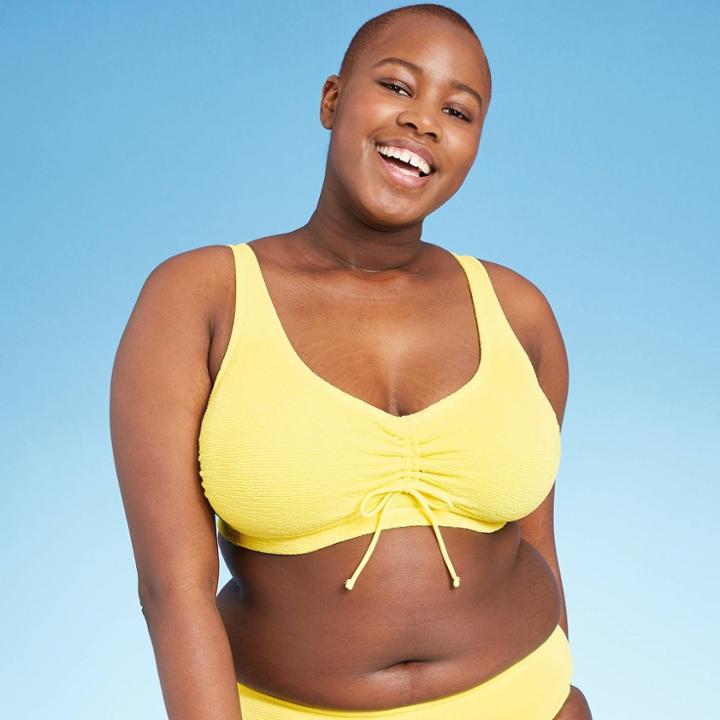 Women's Plus Size Textured Cinch Front Bralette Bikini Top - Xhilaration Lemon Yellow