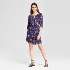 Women's Floral Long Sleeve Keyhole Tie Waist Dress - Eclair Navy