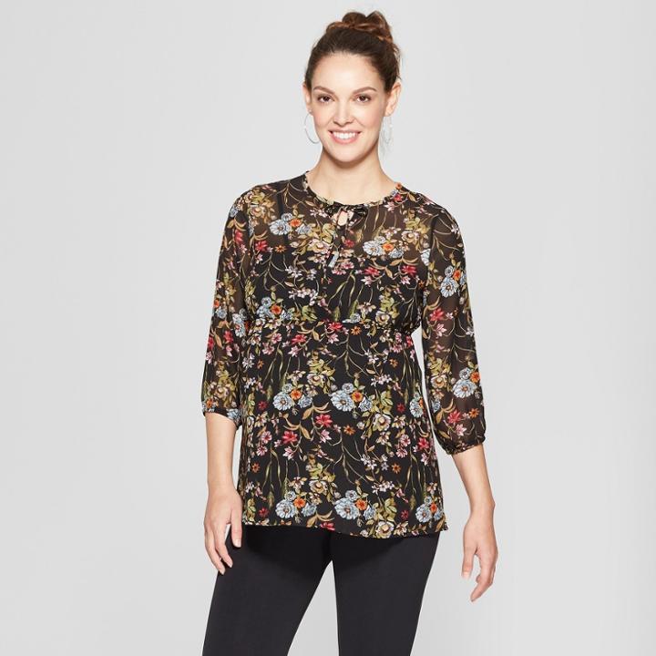 Maternity Floral Print 3/4 Sleeve Chiffon Print Blouse - Macherie - Black