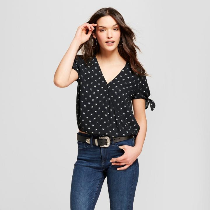 Women's Polka Dot Short Sleeve Wrap Front Top - Universal Thread Black