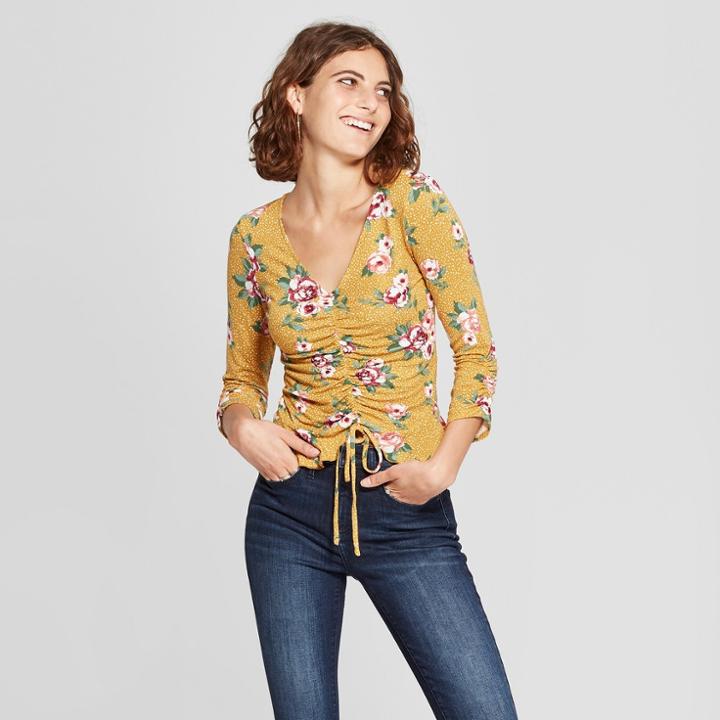 Women's Floral Print 3/4 Sleeve Ruched Front Top - Soul Cake (juniors') Mustard