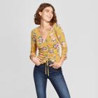 Women's Floral Print 3/4 Sleeve Ruched Front Top - Soul Cake (juniors') Mustard