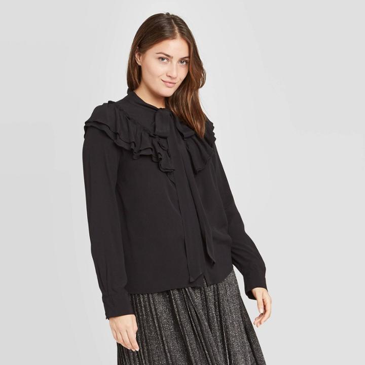 Women's Ruffle Long Sleeve Dramatic Blouse - A New Day Black