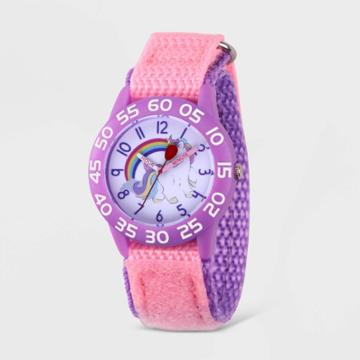Girls' Red Balloon Unicorn Rainbow Plastic Time Teacher Hook And Loop Strap Watch - Pink, Pink/red