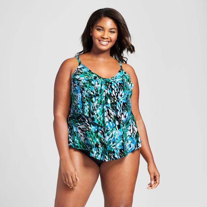 Women's Plus Size Tiered Tankini Animal - Aqua Green Animal 24w,