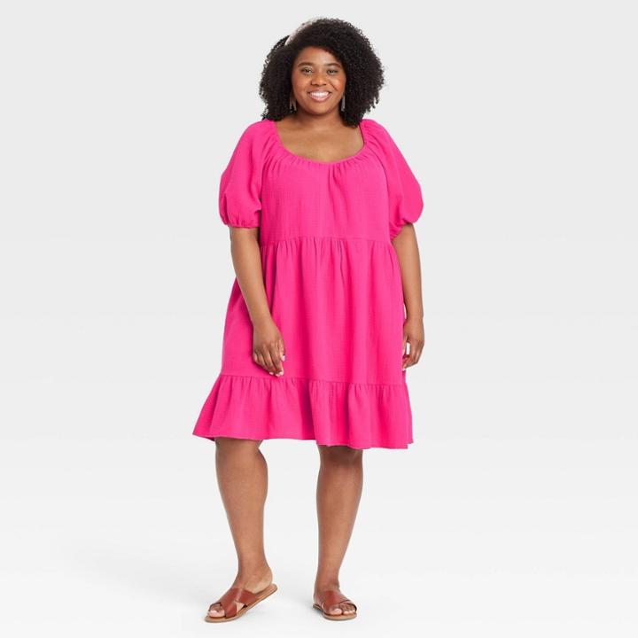 Women's Plus Size Puff Short Sleeve Tiered Babydoll Dress - Universal Thread Pink