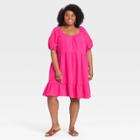 Women's Plus Size Puff Short Sleeve Tiered Babydoll Dress - Universal Thread Pink